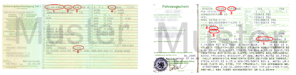 Alter und neuer Fahrzeugschein mit markierten Feldern für Erstzulassung, Schlüsselnummern, Leistung und Hubraum